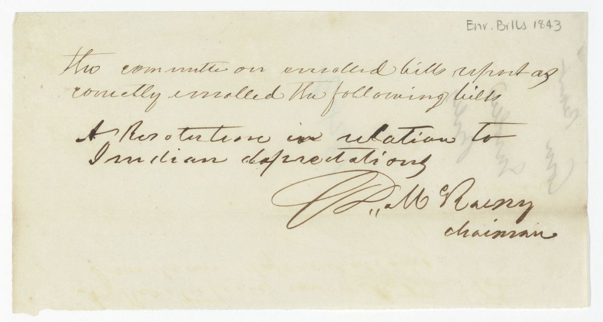 Report of the Committee on Enrolled Bills Concerning a Resolution on Indian Depredations, circa 1843