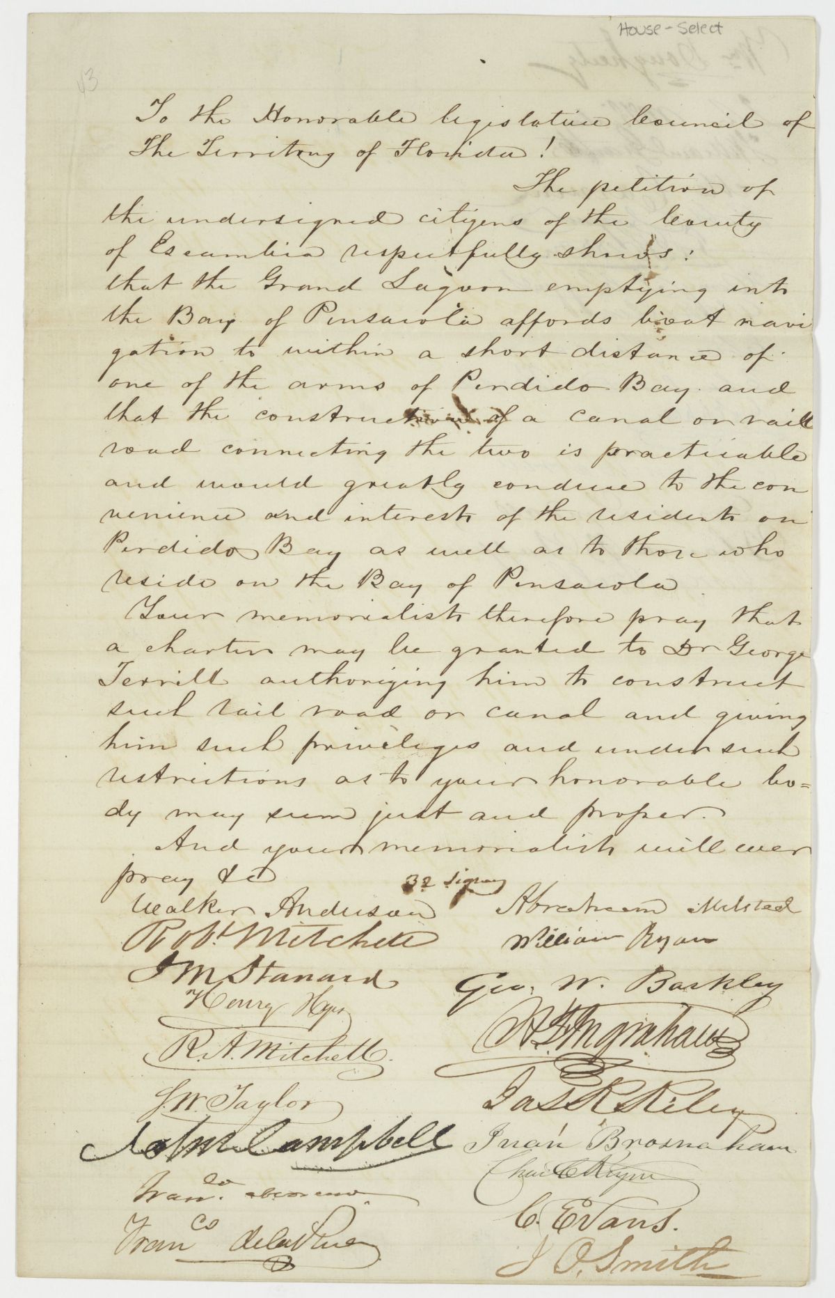 Petition of Citizens of Escambia County Requesting that George Terrill Be Allowed to Build a Railroad or a Canal, circa 1843