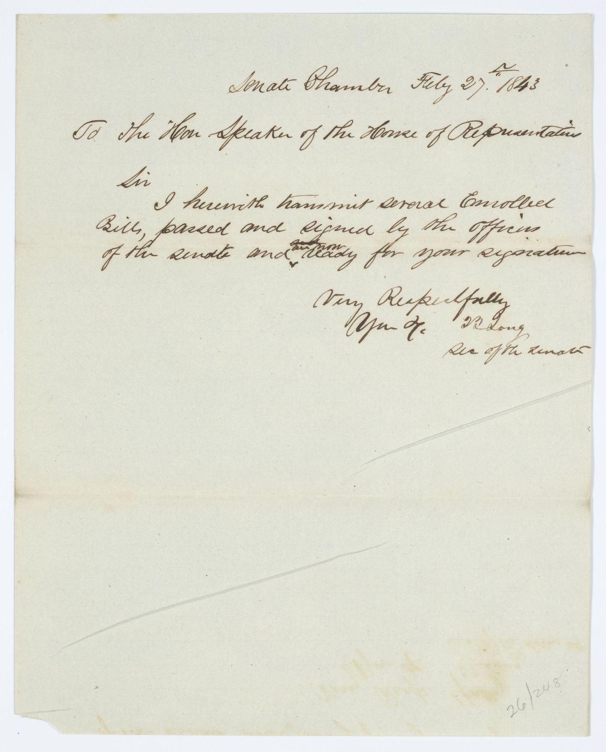 Message from the Senate to the House of Representatives Concerning Enrolled Bills, 1843