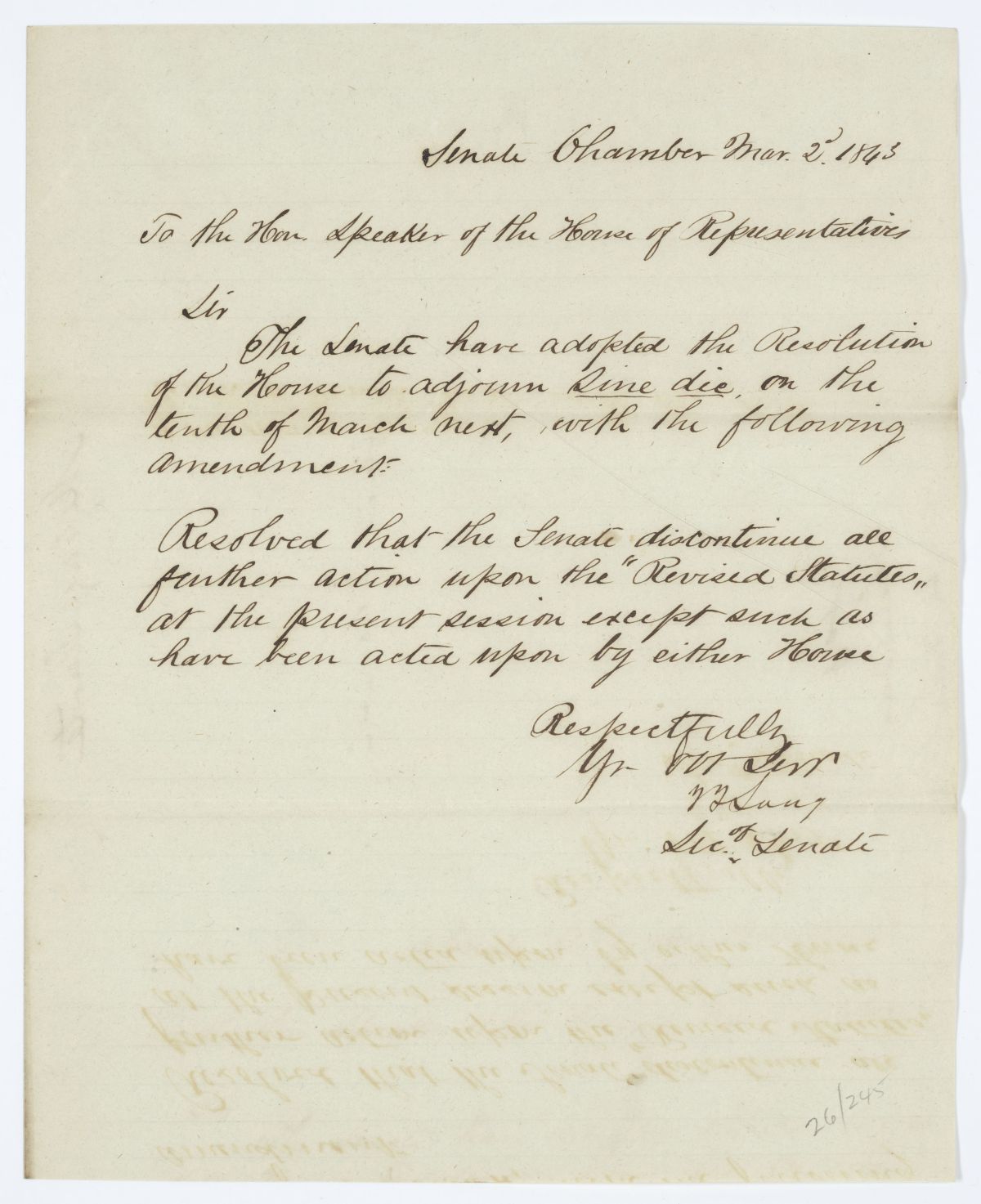 Message from the Senate to the House of Representatives Concerning Adjournment, 1843