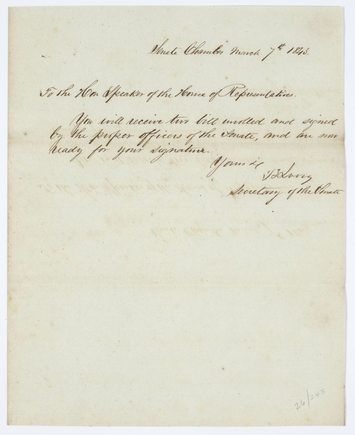 Message from the Senate to the House of Representatives Concerning Legislation, 1843