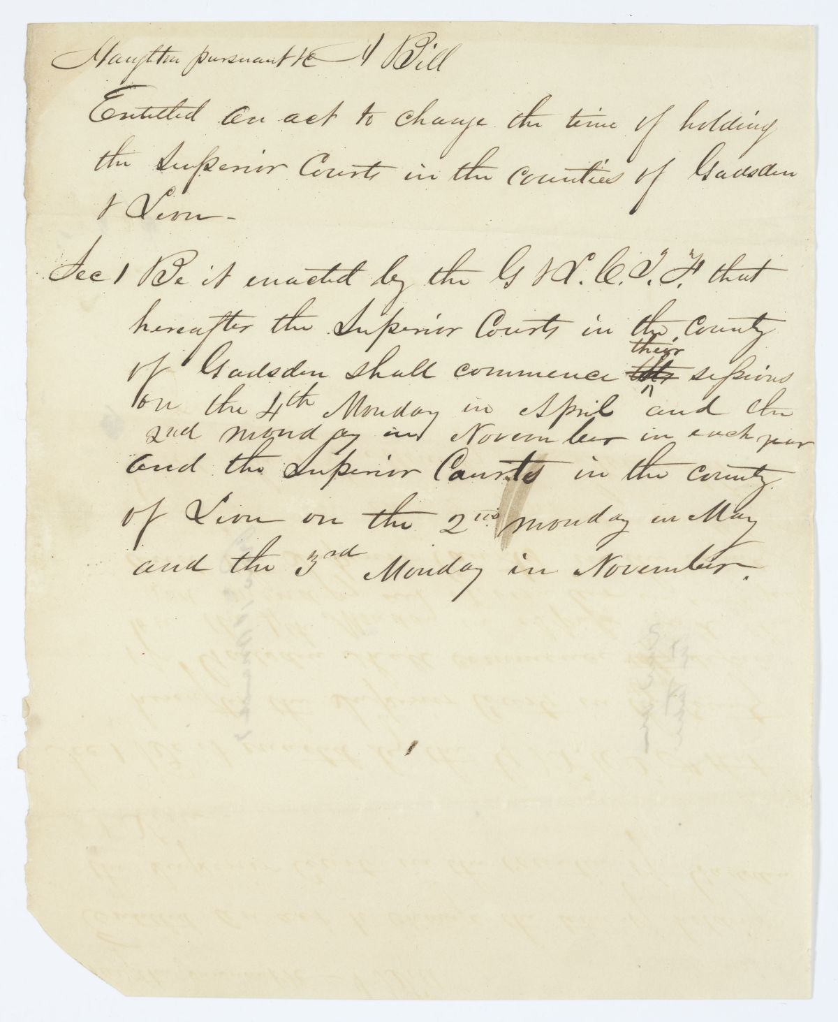 Draft of an Act to Change the Time of Holding the Superior Courts in the Counties of Gadsden and Leon, circa 1843