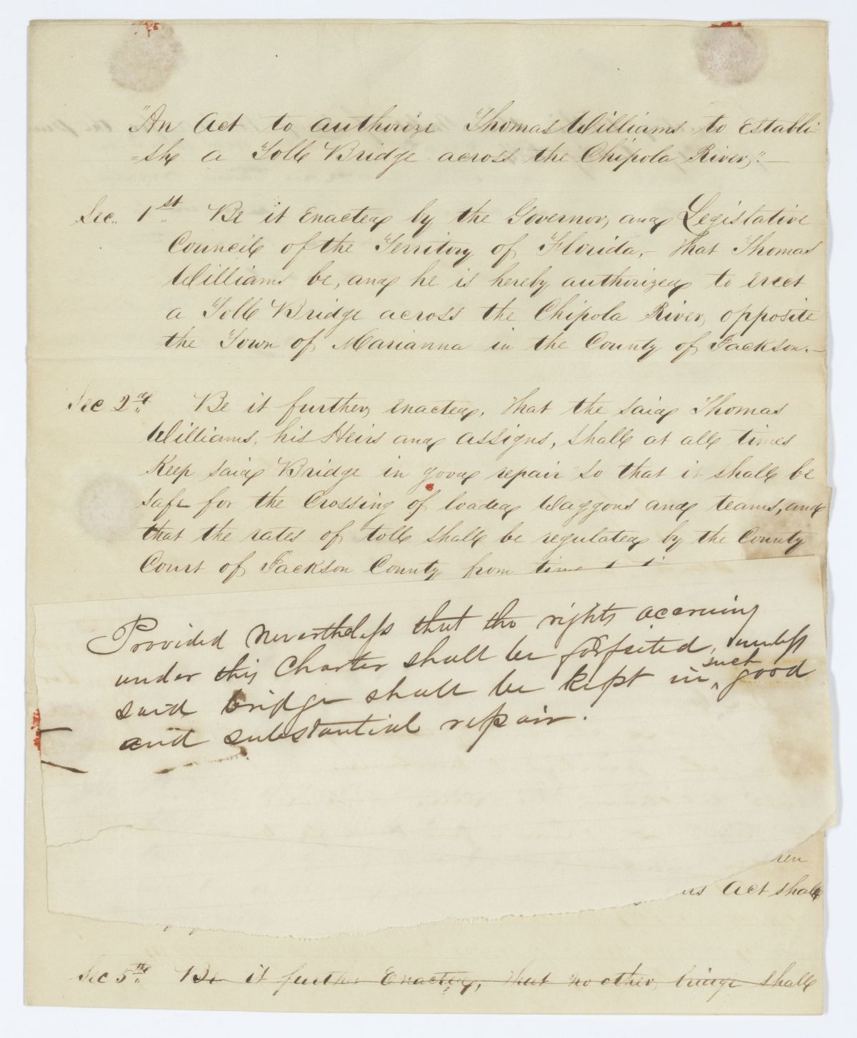 Draft of an Act to Authorize Thomas Williams to Establish a Toll Bridge Across the Chipola River, 1843