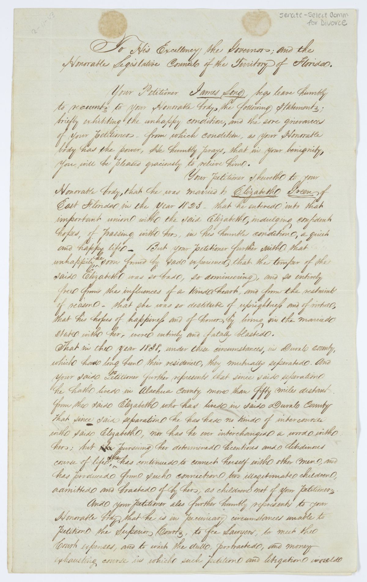 Divorce Petition of James Long, 1843