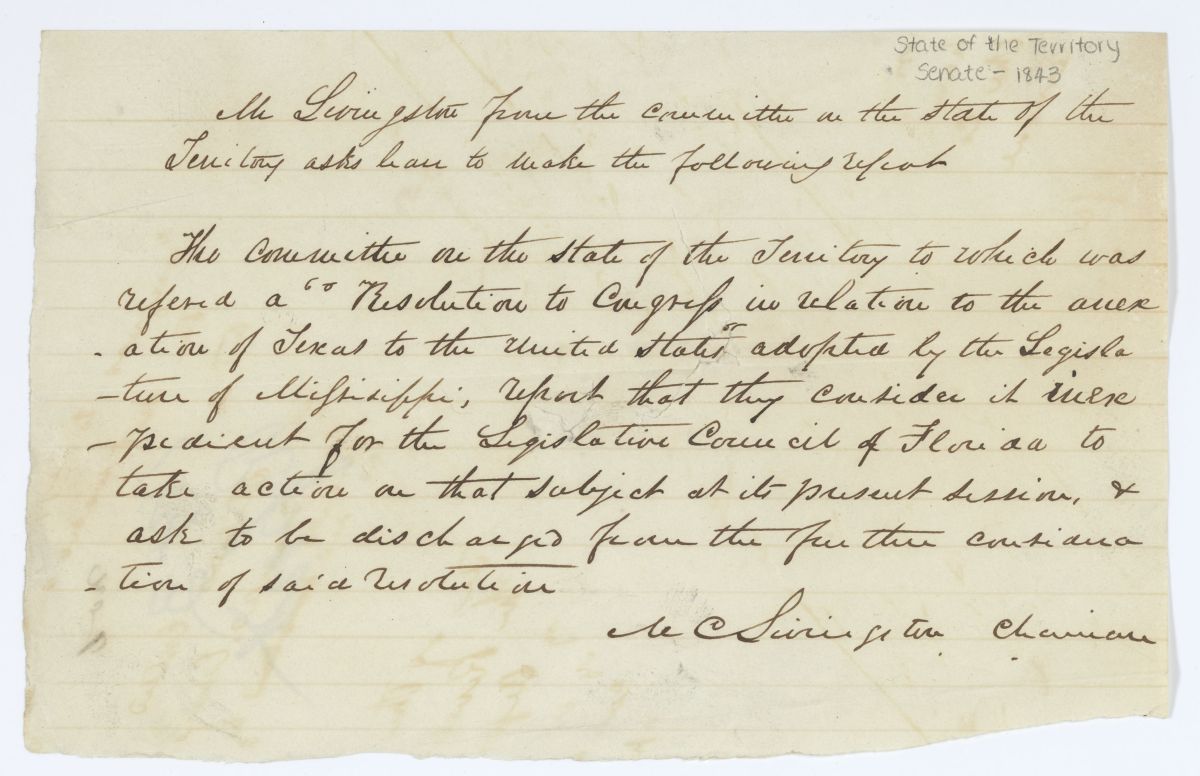 Report of the Committee on the State of the Territory Concerning the Annexation of Texas, circa 1843