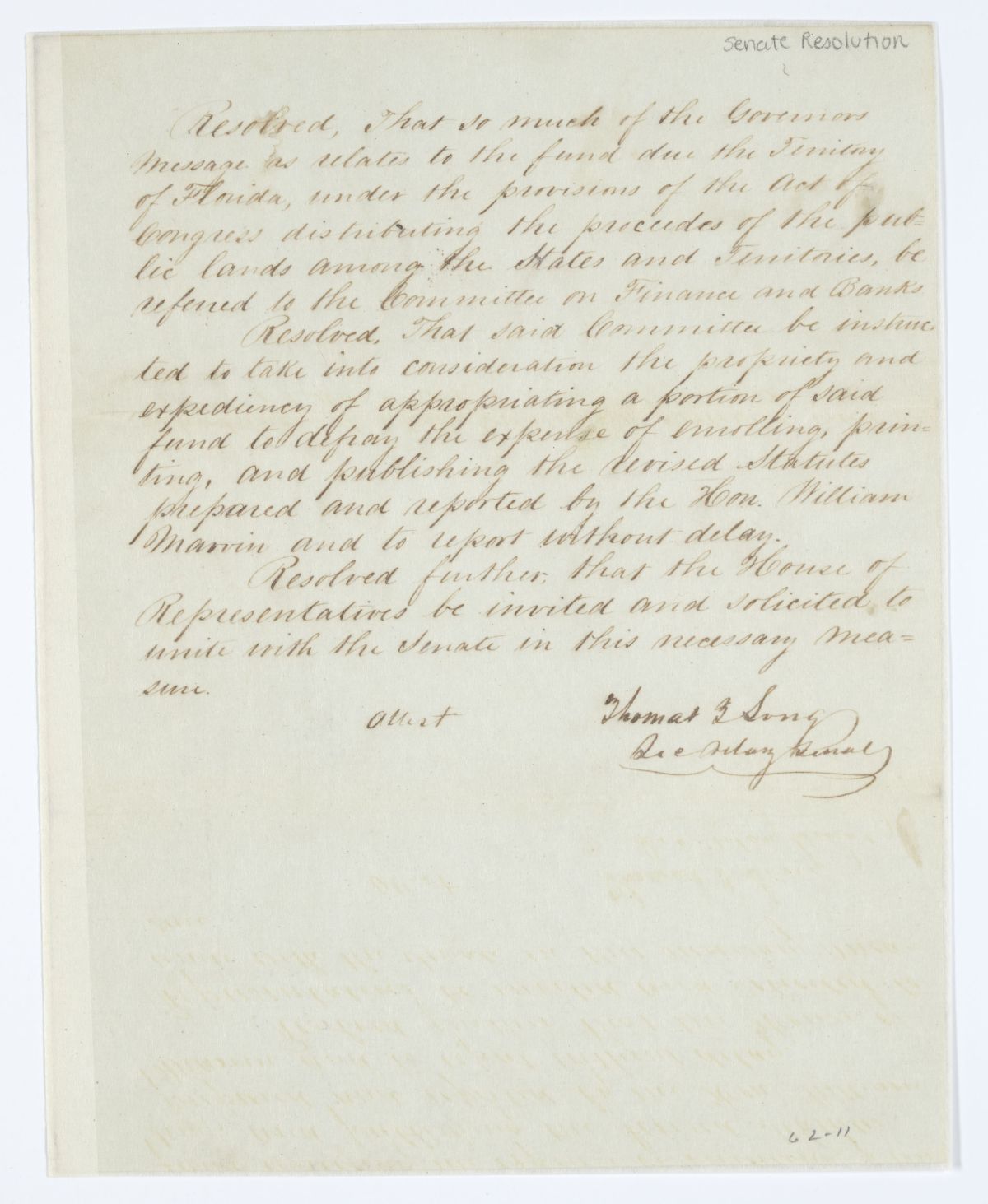 Resolution Instructing the Committee on Finance and Banks to Examine the Issue of Funding the Publication of the Revised Statutes, 1843