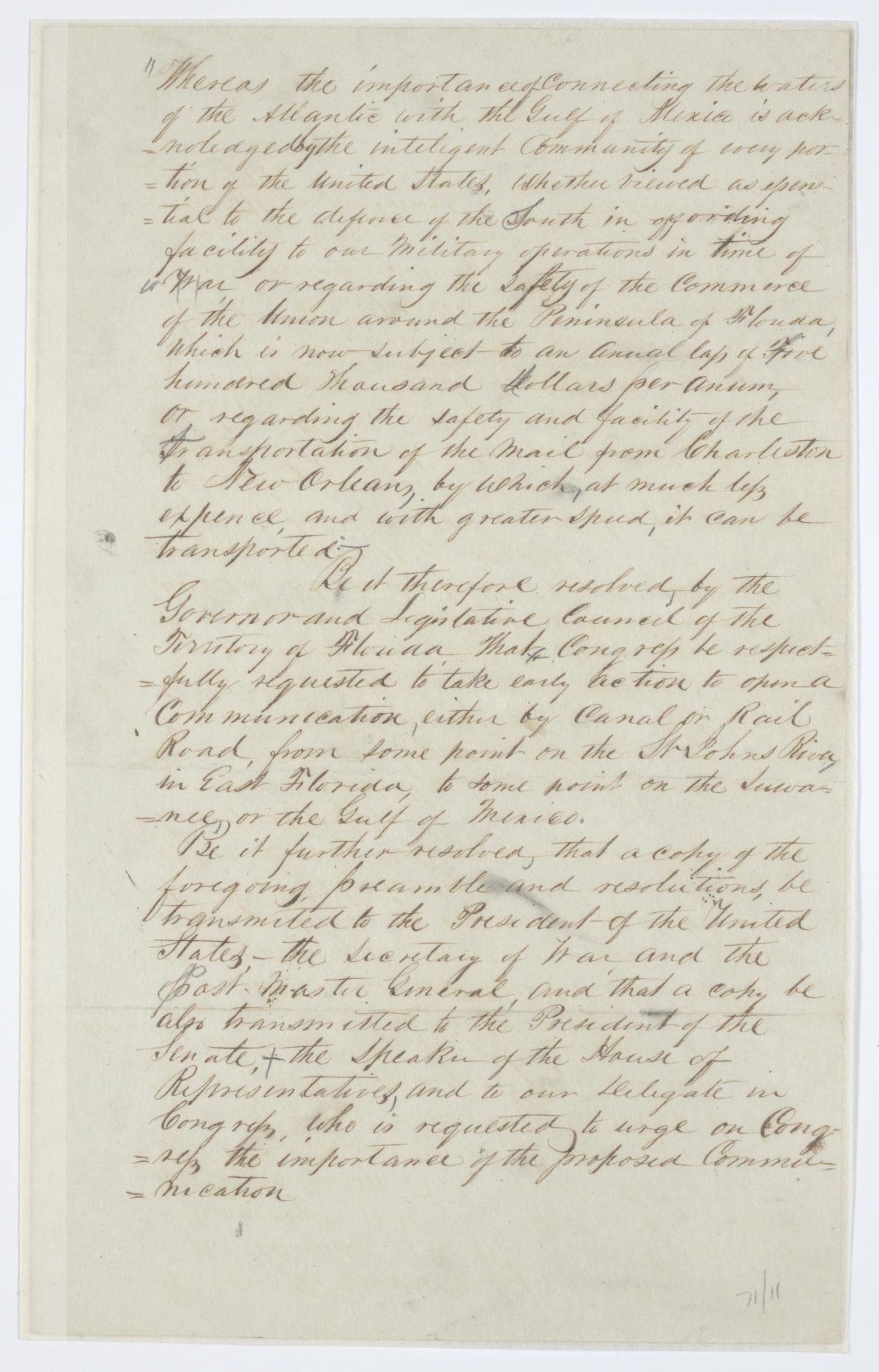 Resolution Requesting that Congress Open a Canal or Railroad from the Saint Johns River to the Suwannee River or the Gulf of Mexico, circa 1843