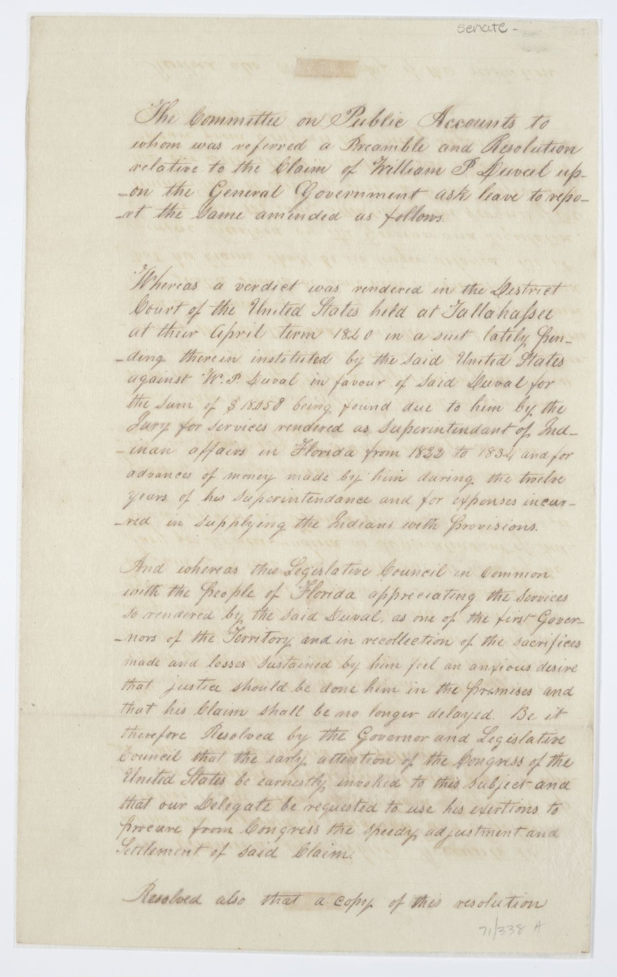 Report of the Committee on Public Accounts Regarding the Claim of William P. Duval upon the General Government, 1843
