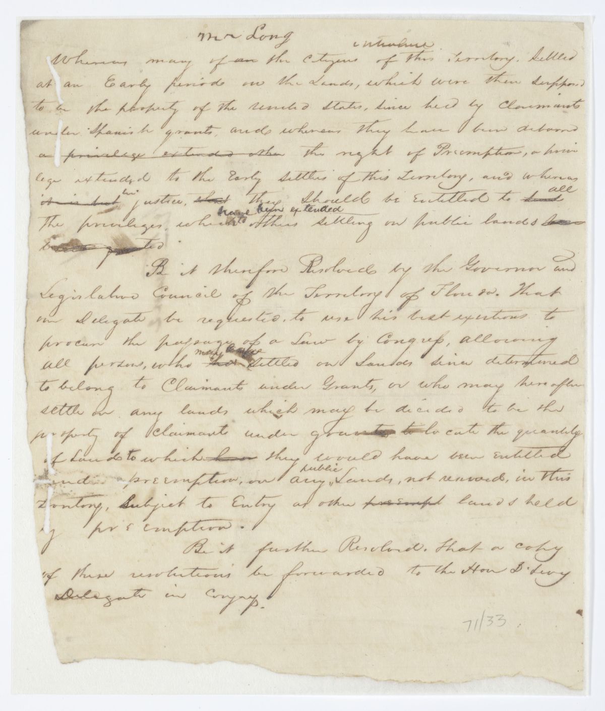 Resolution Directing the Florida Delegate in Congress to Procure the Passage of a Law Regarding the Settlement of Land, circa 1843