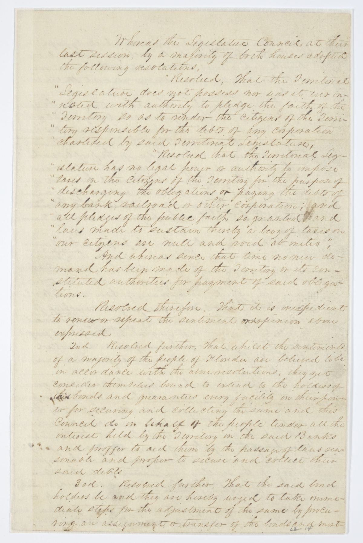 Resolutions Relative to Faith Bonds and Repudiations, circa 1843