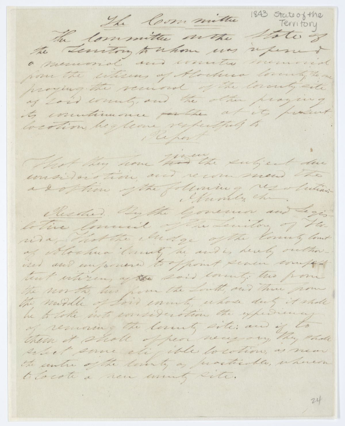 Report of the Committee on the State of the Territory Regarding Petitions from Alachua County Concerning the County Seat, circa 1843