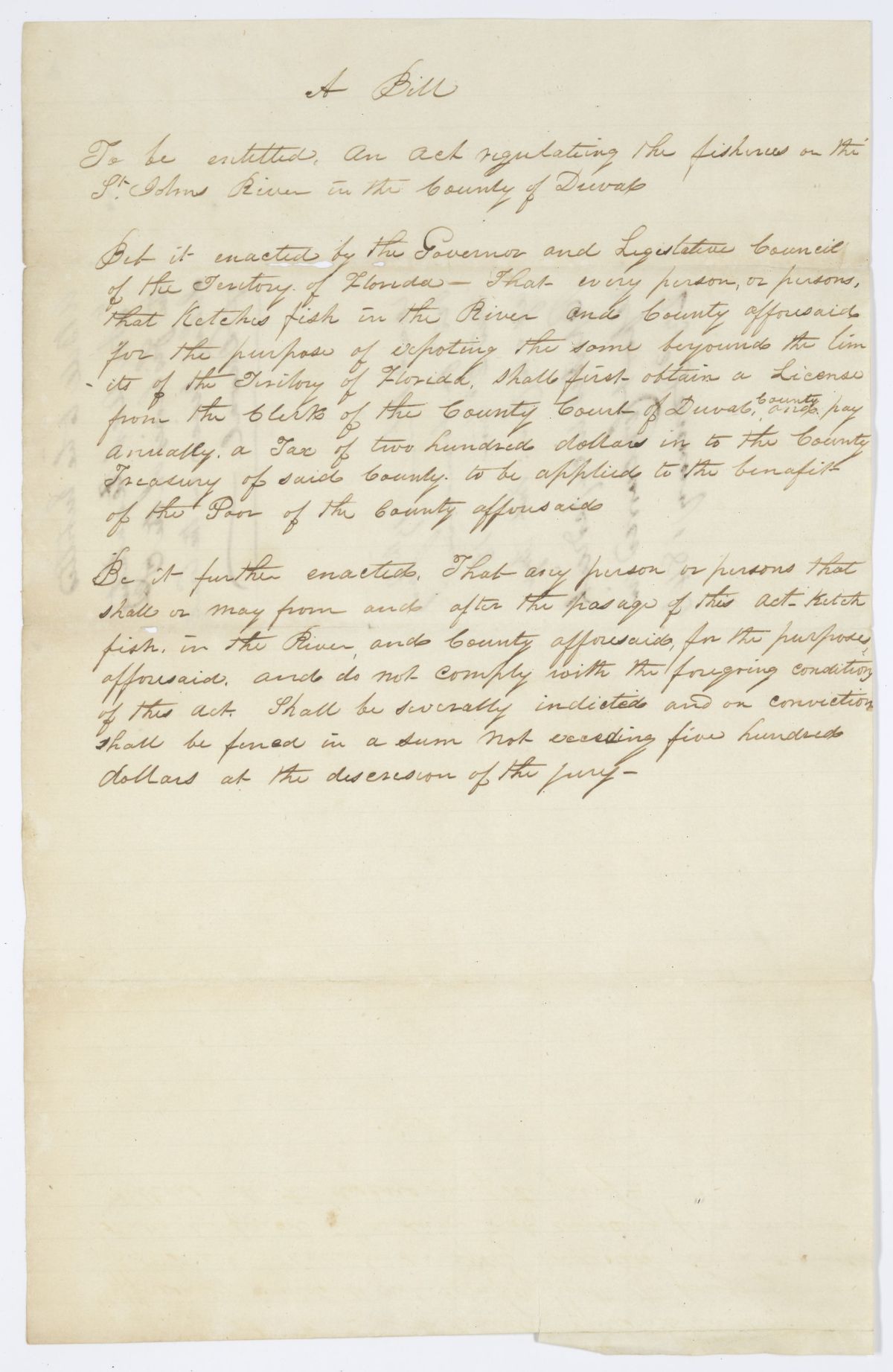 Draft of an Act Regulating the Fisheries on the Saint Johns River in the County of Duval, 1843