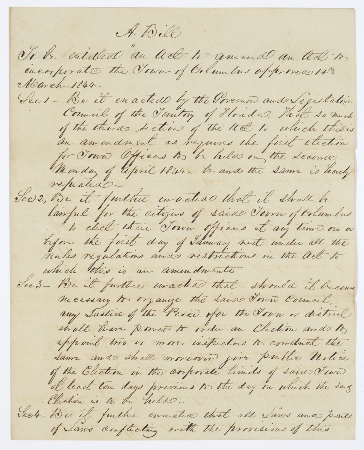 Draft of an Act to Amend an Act to Incorporate the Town of Columbus, 1845