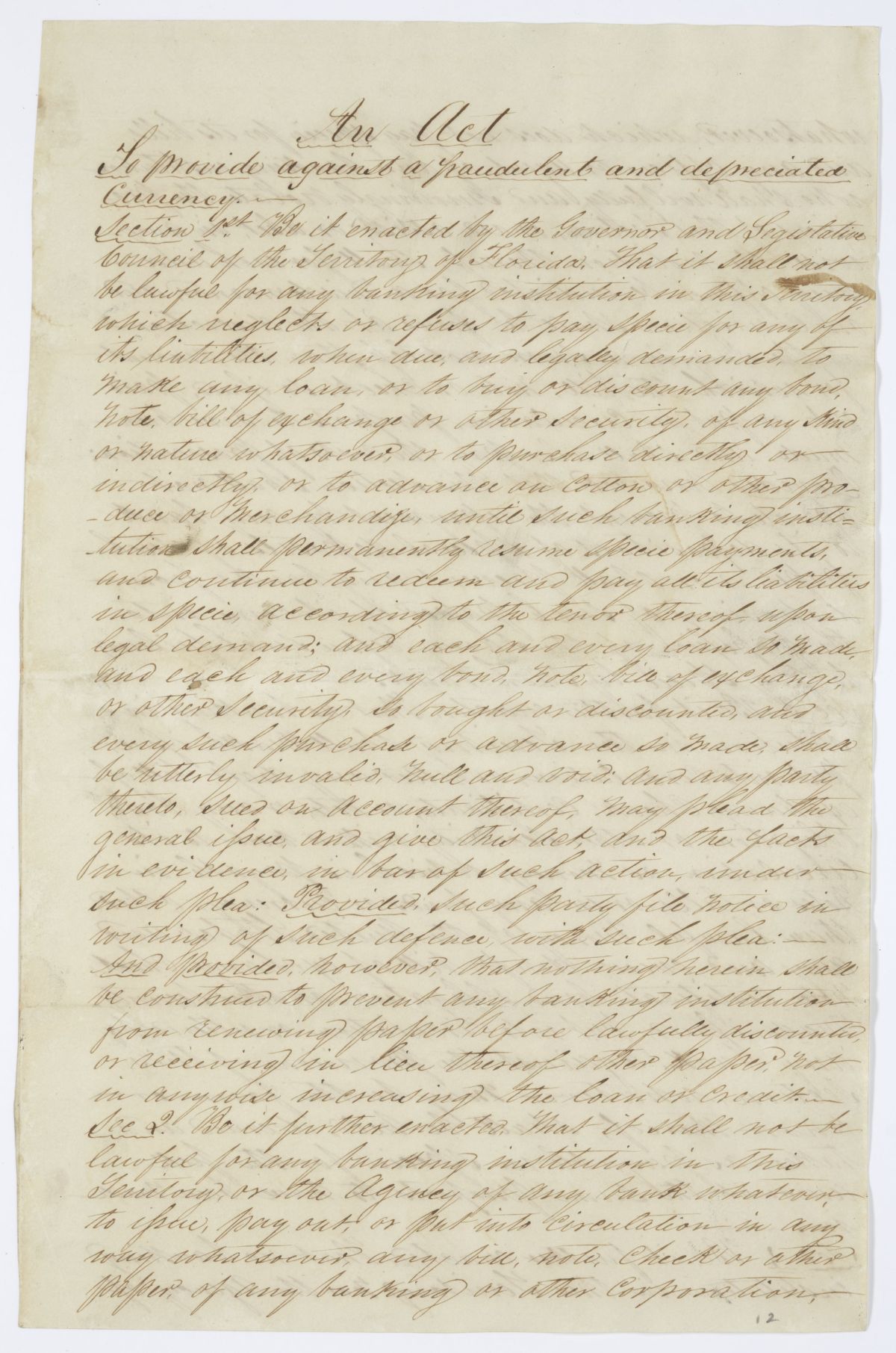 Draft of an Act to Provide Against a Fraudulent and Depreciated Currency, 1844