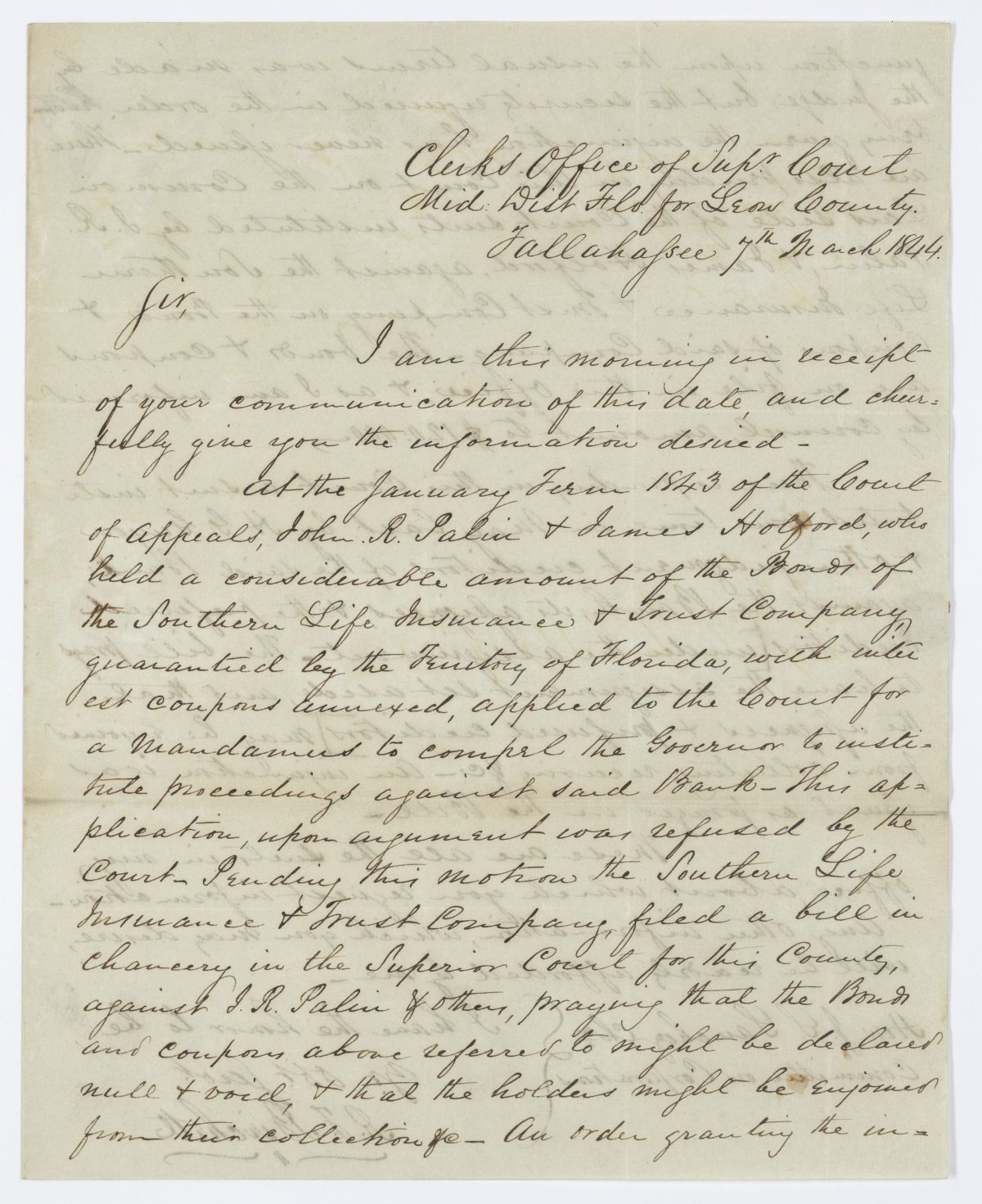 Letter from R. T. Birchett to Joseph S. Sanchez Regarding Suits Against the Southern Life Insurance and Trust Company, 1844