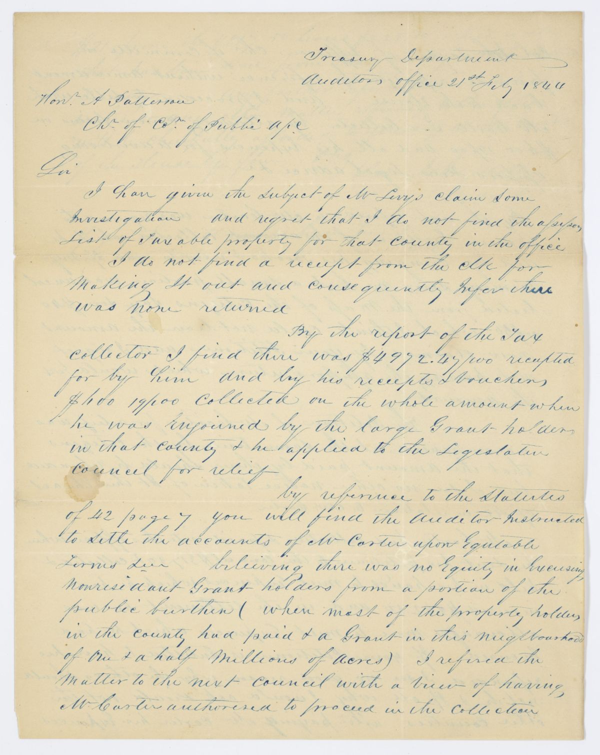 Letter from Auditor John Miller to A. Patterson Concerning Certain Claims and Accounts, 1844