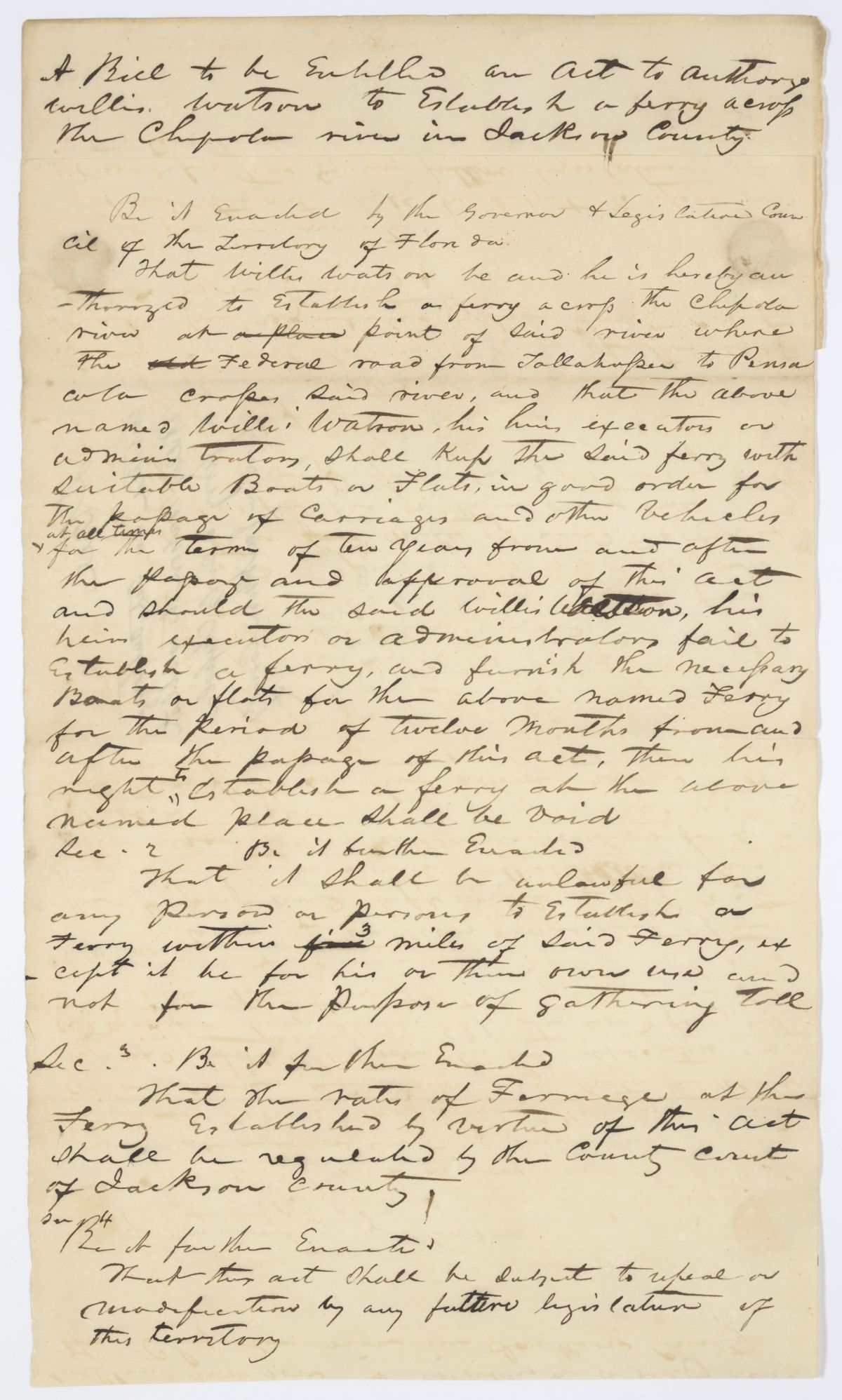 Draft of a Bill Entitled an Act to Authorize Willis Watson to Establish a Ferry Across the Chipola River in Jackson County