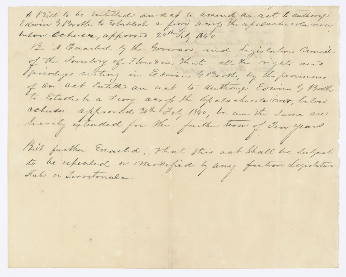 Draft of an Act to Amend an Act to Authorize Edwin G. Booth to Establish a Ferry Across the Apalachicola River, 1844