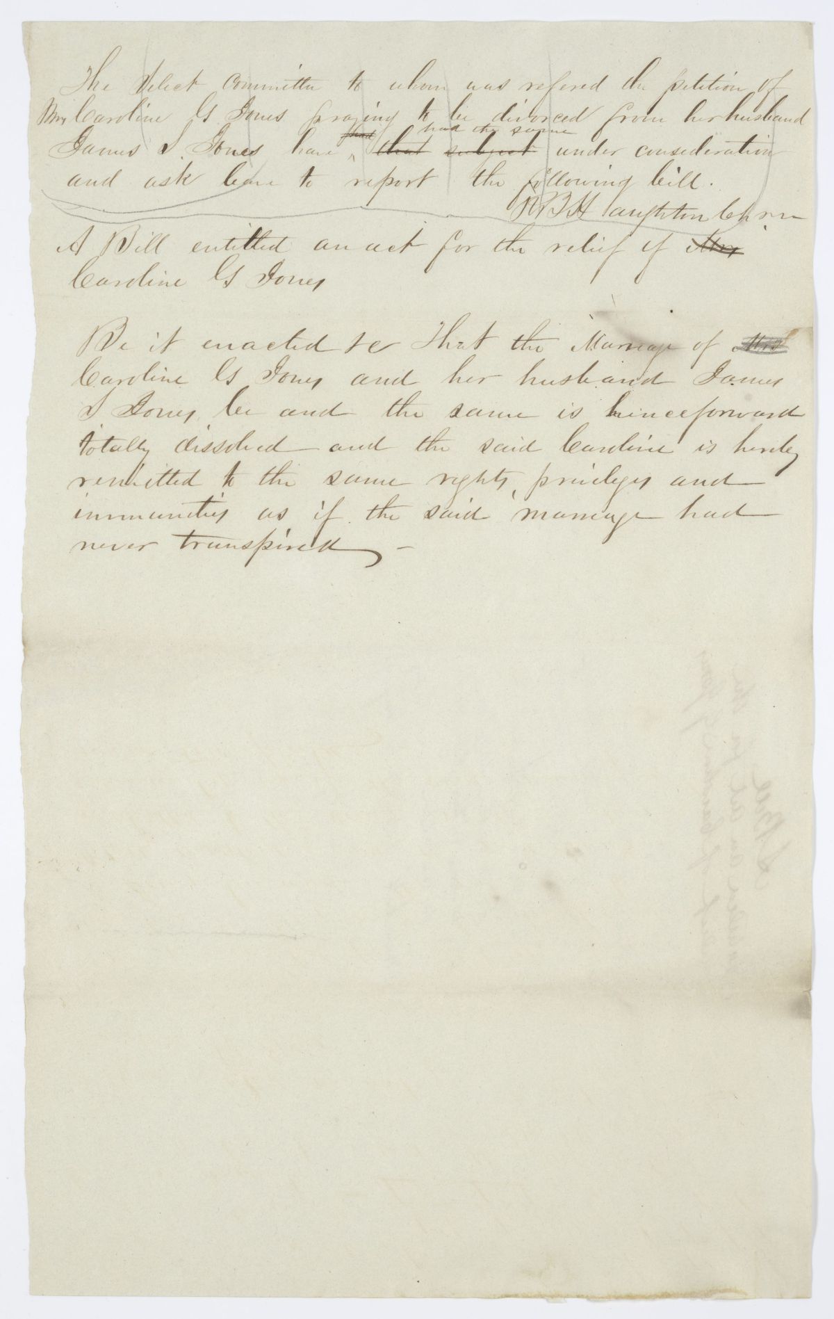 Draft of an Act for the Relief of Caroline G. Jones, circa 1844