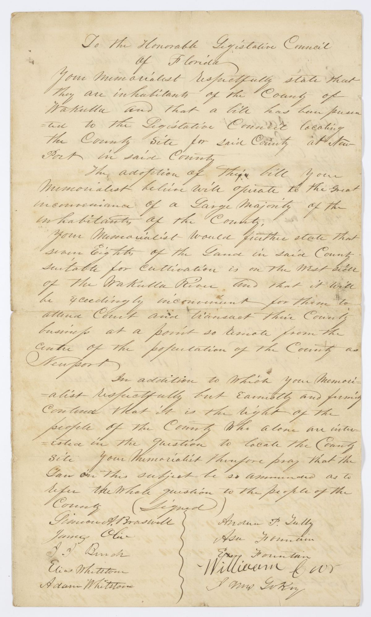 Two Petitions of Citizens of Wakulla County Regarding the County Seat and a Bill Draft Addressing the Petitions, 1844