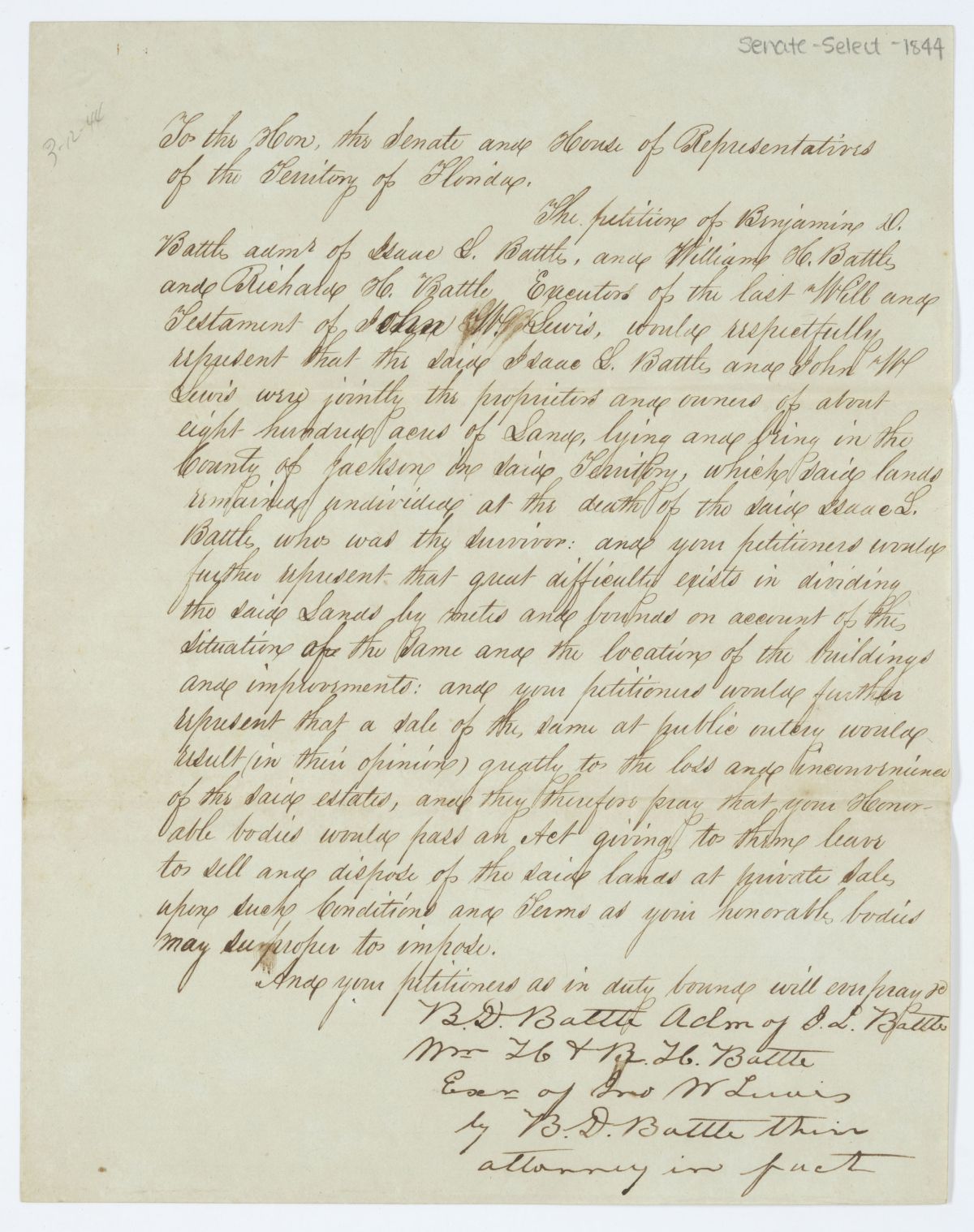 Petition of Benjamin D. Battle with Supporting Letter, circa 1844