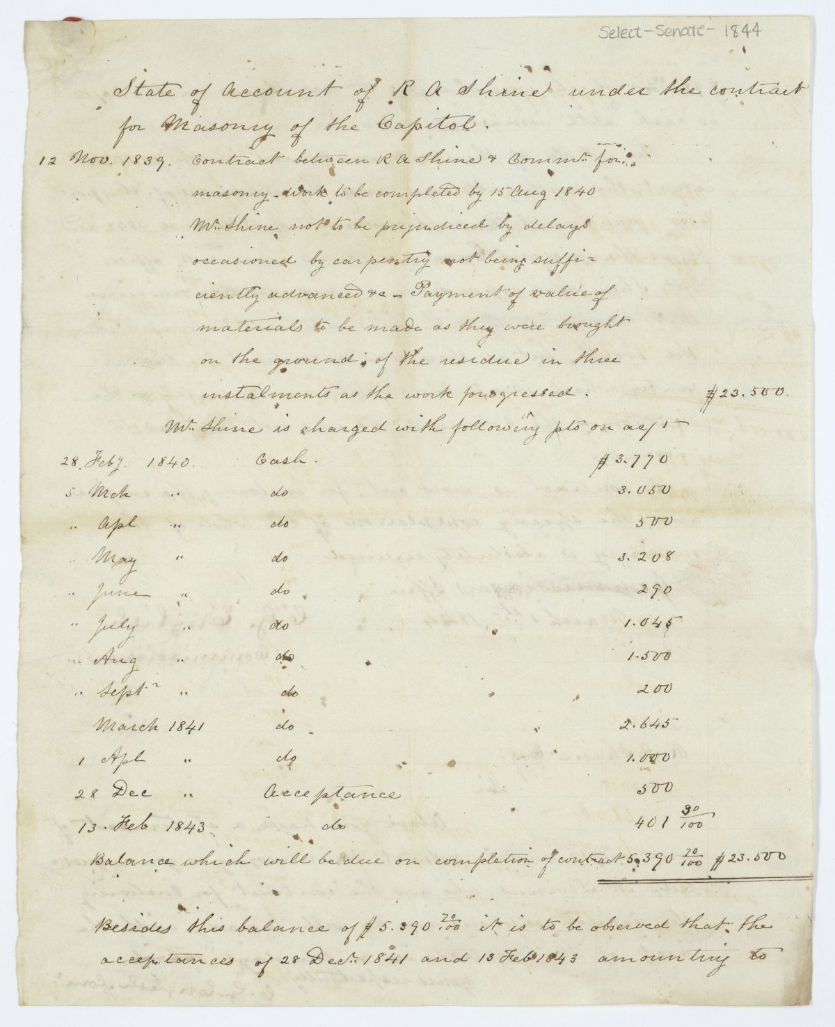 Account of Richard Alexander Shine Under the Contract for Masonry of the Capitol, 1844