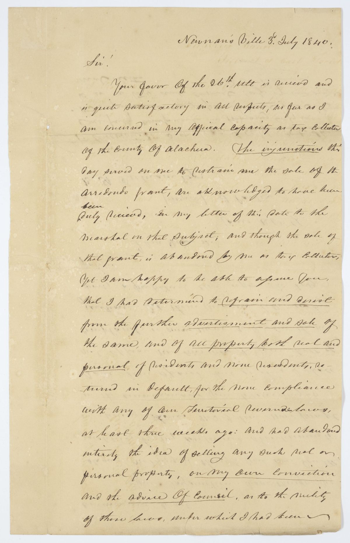 Copy of a Letter from Jesse Carter Concerning an Injunction Against Him, 1843
