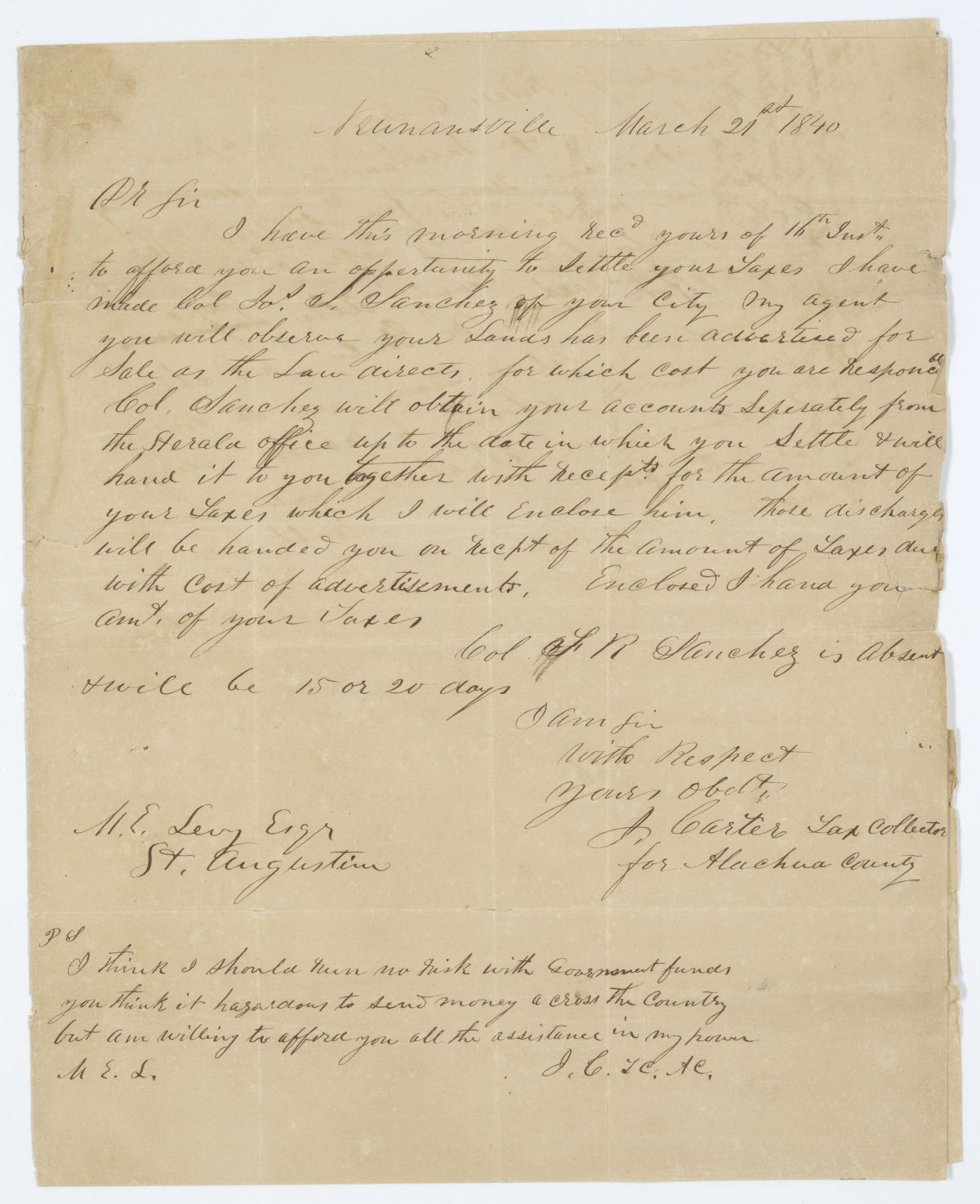 Letter from Jesse Carter to Moses E. Levy Regarding the Settlement of Taxes, 1840