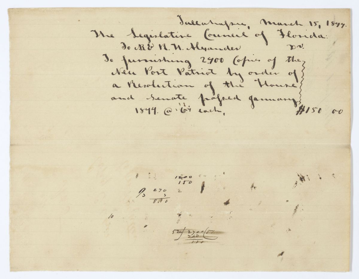 Receipt for Copies of the Newport Patriot, 1844