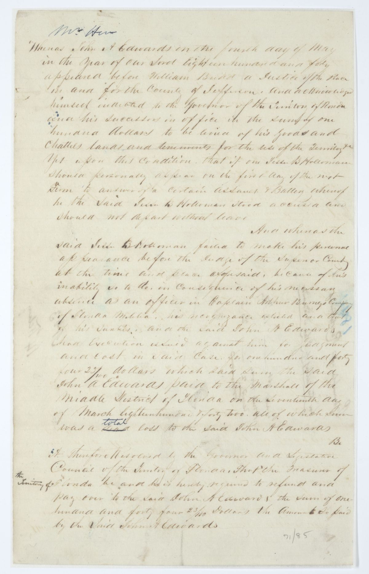 Resolution for the Relief of John A. Edwards, circa 1844