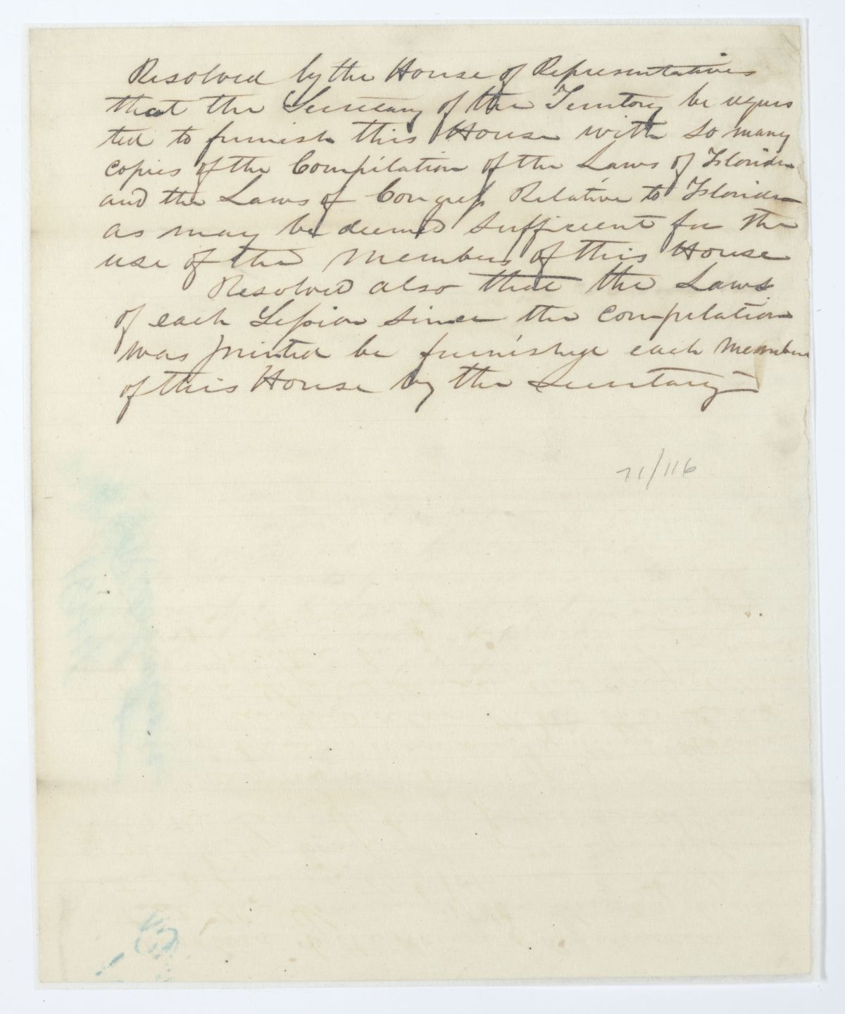 Resolution Directing the Secretary of the Territory to Provide the House with Copies of Certain Laws, circa 1844