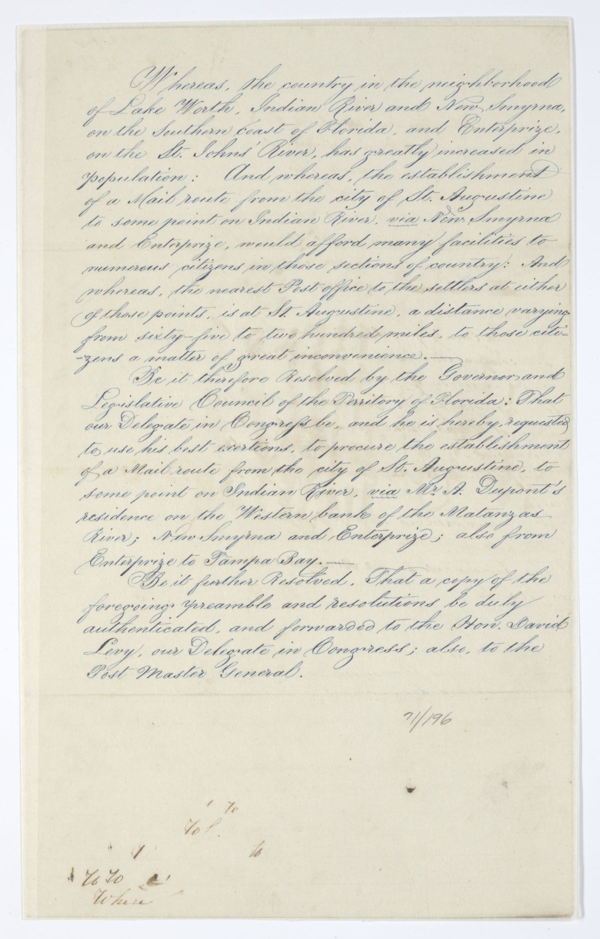 Resolution Directing the Florida Delegate in Congress to Lobby for a Mail Route from Saint Augustine to Some Point on Indian River, 1844