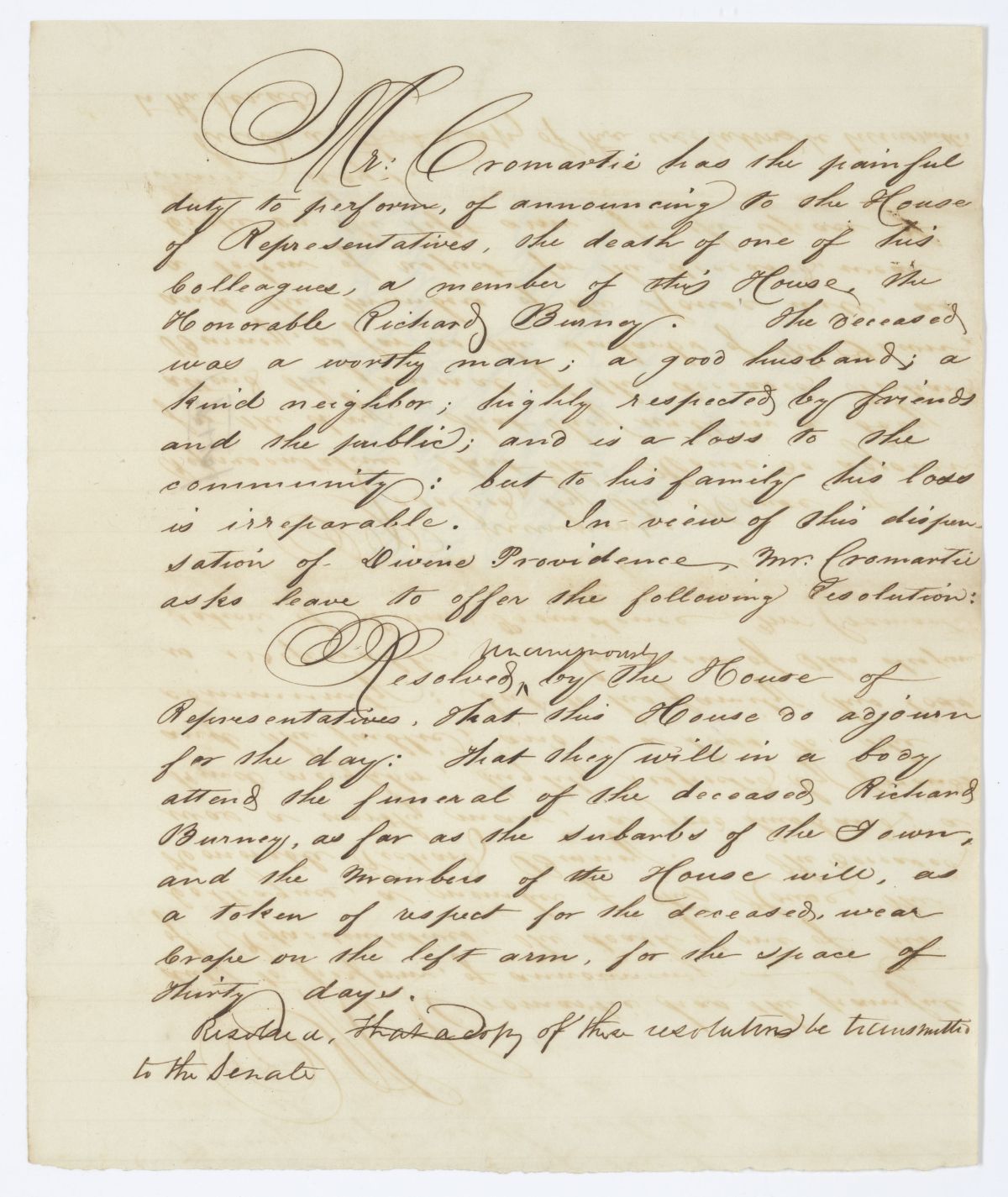 Resolution Calling for the Adjournment of the House for a Day Due to the Death of a Member, 1844