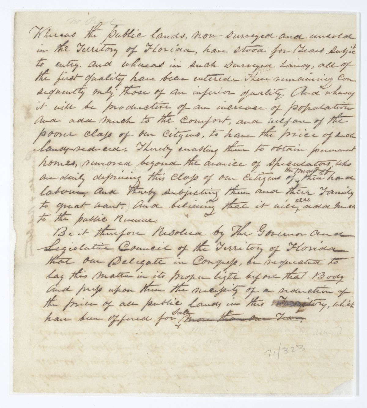 Resolution Directing the Florida Delegate in Congress to Lobby for a Reduction in the Price of Public Land, 1844