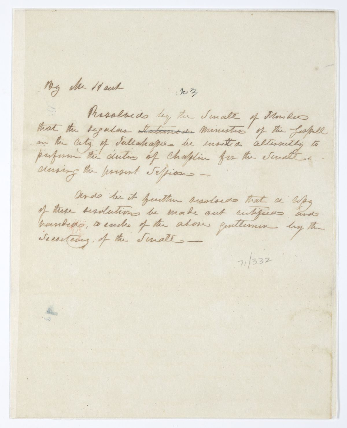 Resolution Inviting Ministers in the City of Tallahassee to Perform the Duties of Chaplain for the Senate, 1844