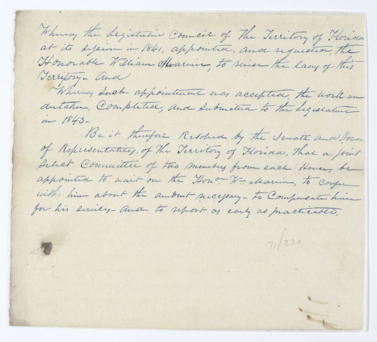 Resolution Calling for a Joint Select Committee to Confer with William Marvin and Determine His Pay for the Revised Statutes, circa 1844
