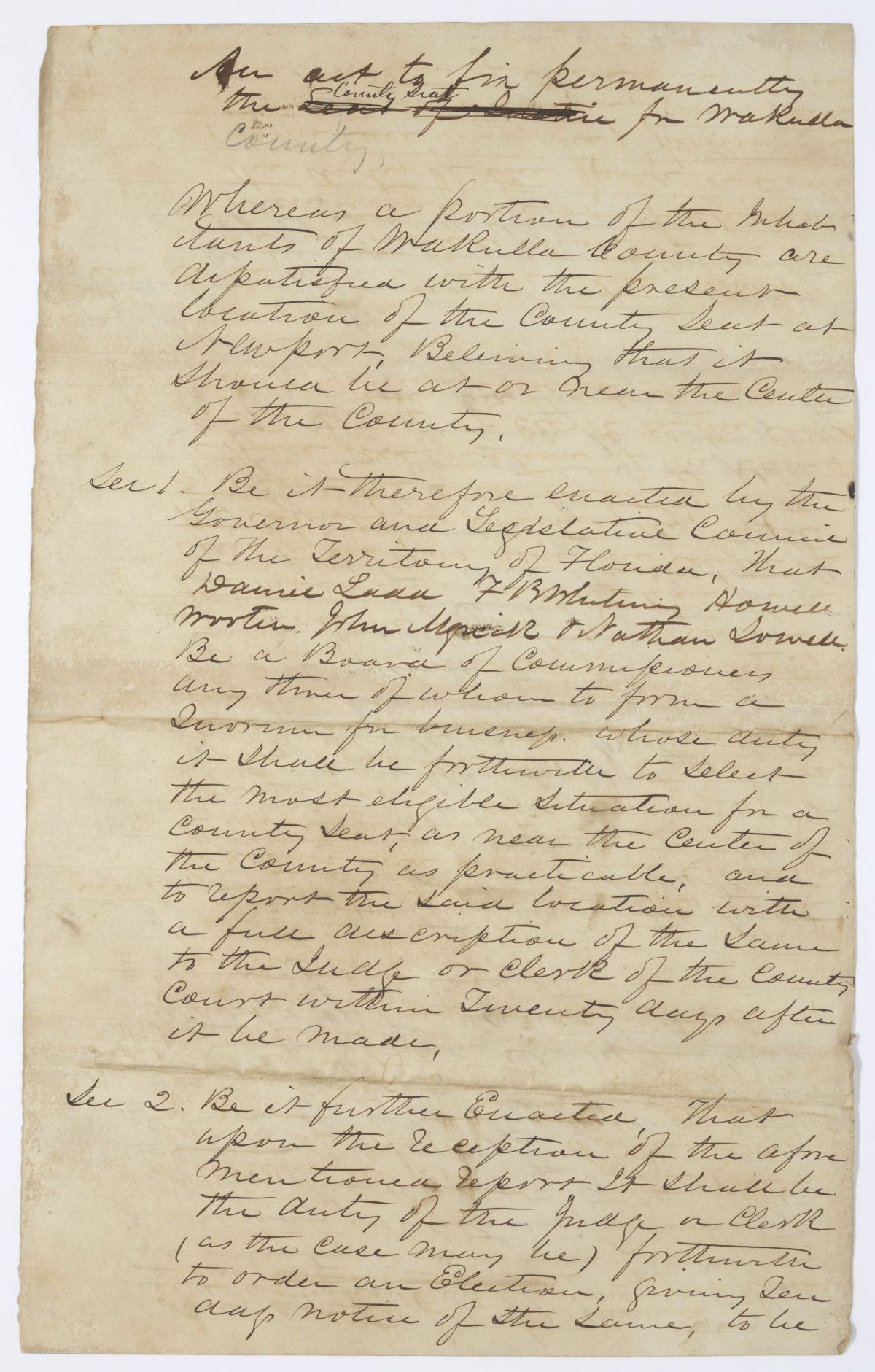Draft of an Act to Permanently Fix the County Seat of Wakulla County, 1845