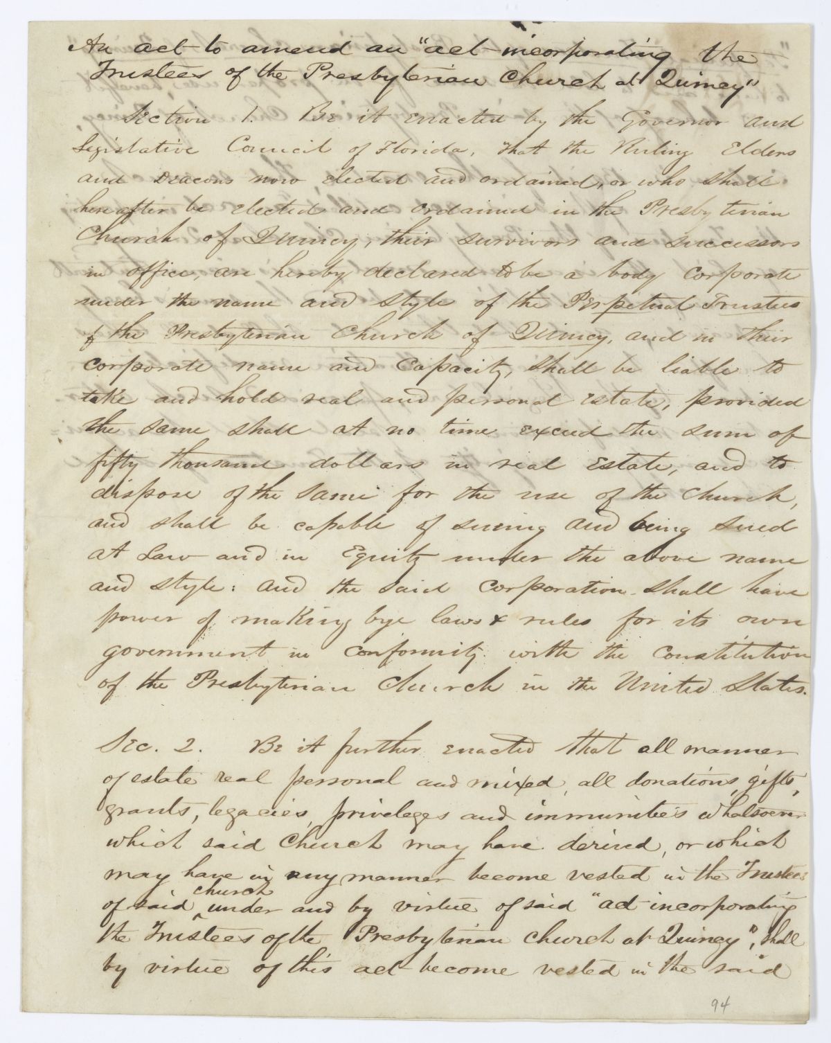 Draft of an Act to Amend an Act to Incorporate the Trustees of the Presbyterian Church of Quincy, 1845