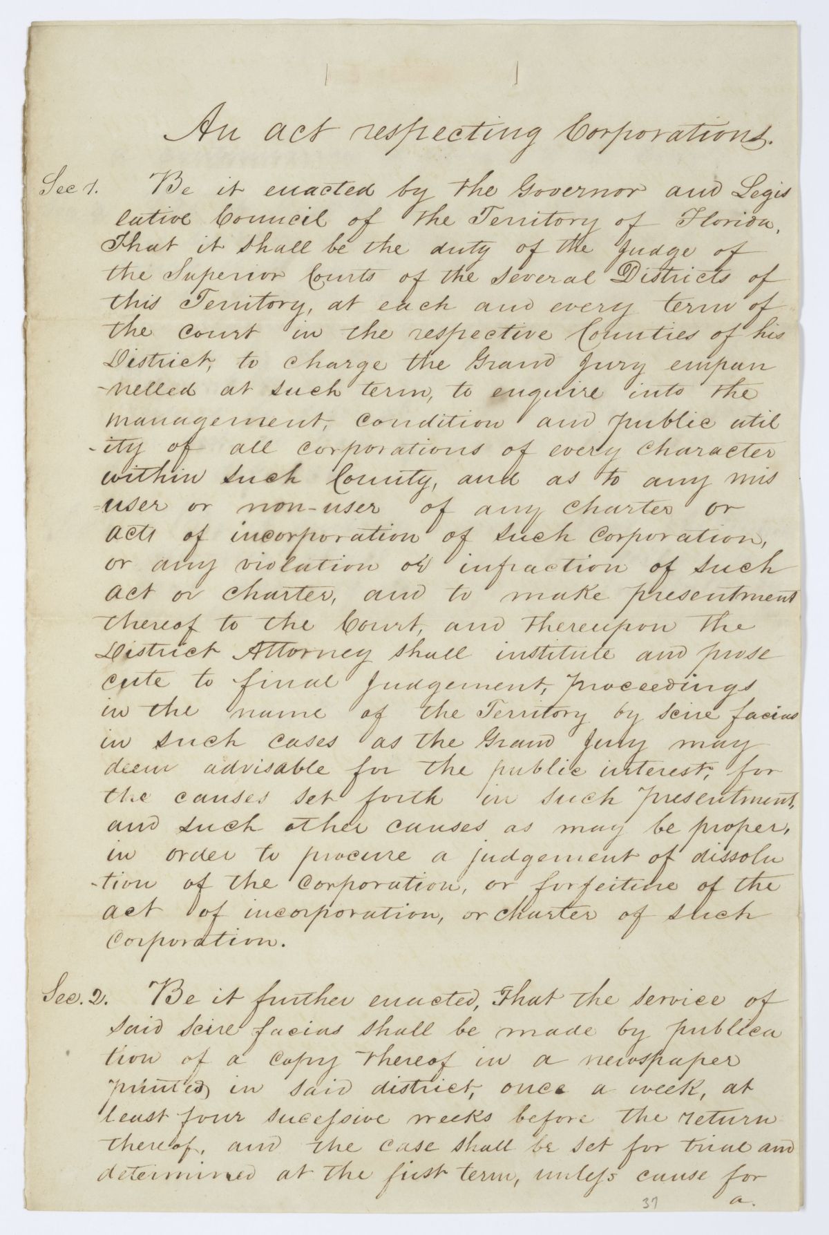 Draft of an Act Respecting Corporations, circa 1845