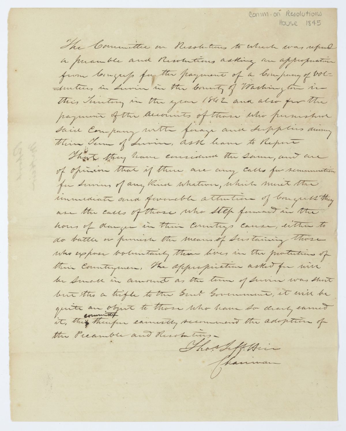 Report of the Committee on Resolutions to Which Was Referred a Resolution Requesting an Appropriation to Pay Certain Troops, circa 1845