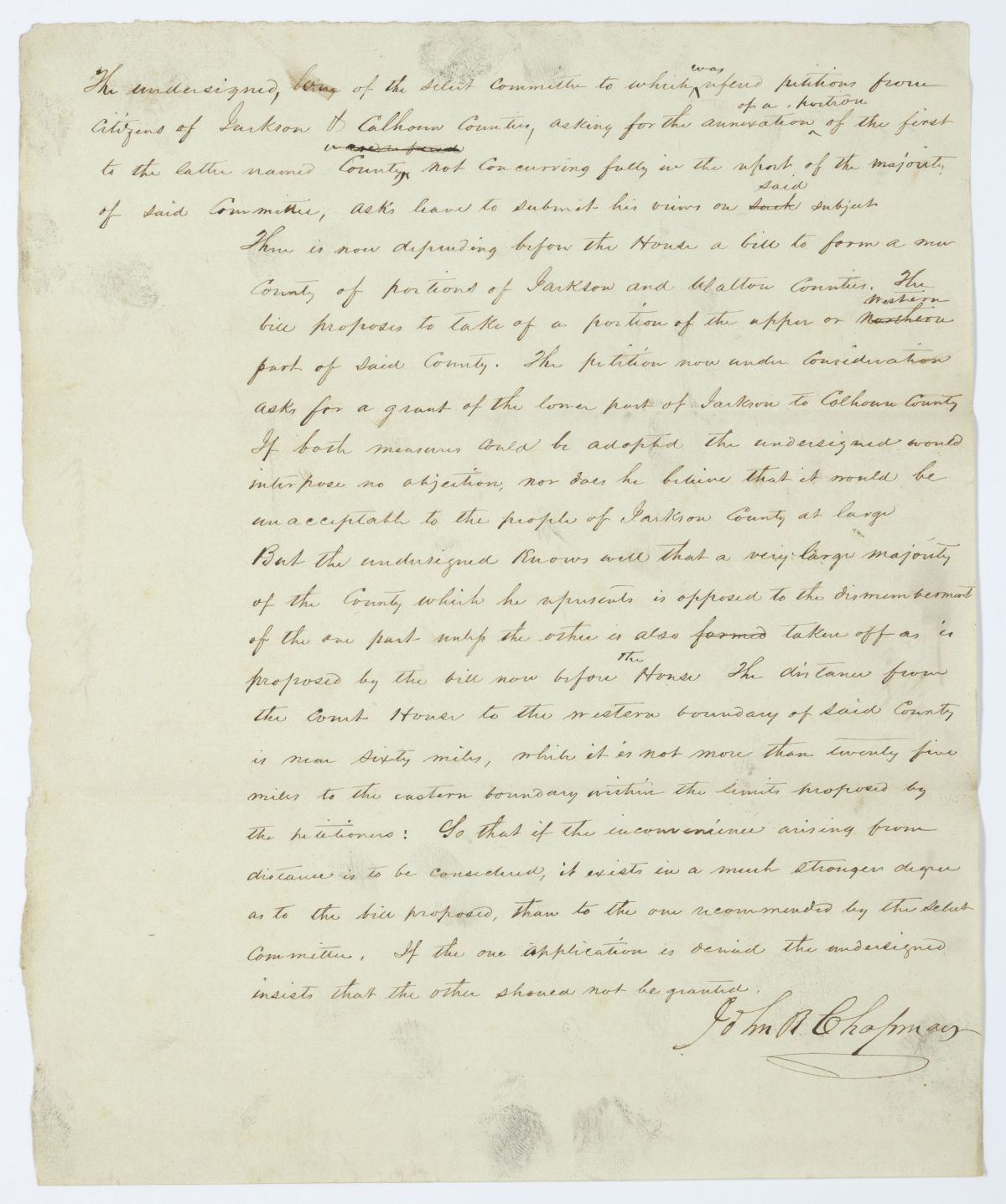 Minority Report of the Select Committee to Whom Was Referred Petitions from Citizens of Jackson and Calhoun Counties, circa 1845