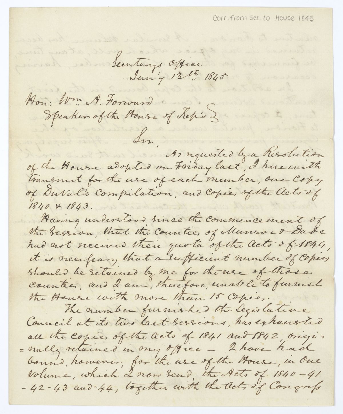 Letter from Thomas H. Duval to William A. Forward Concerning Printed Laws, 1845