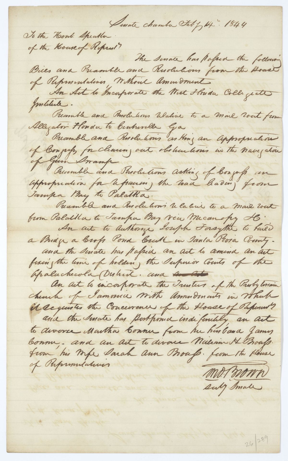 Letter from Thomas Brown to the Speaker of the House of Representatives Regarding Several Bills and Resolutions, 1844