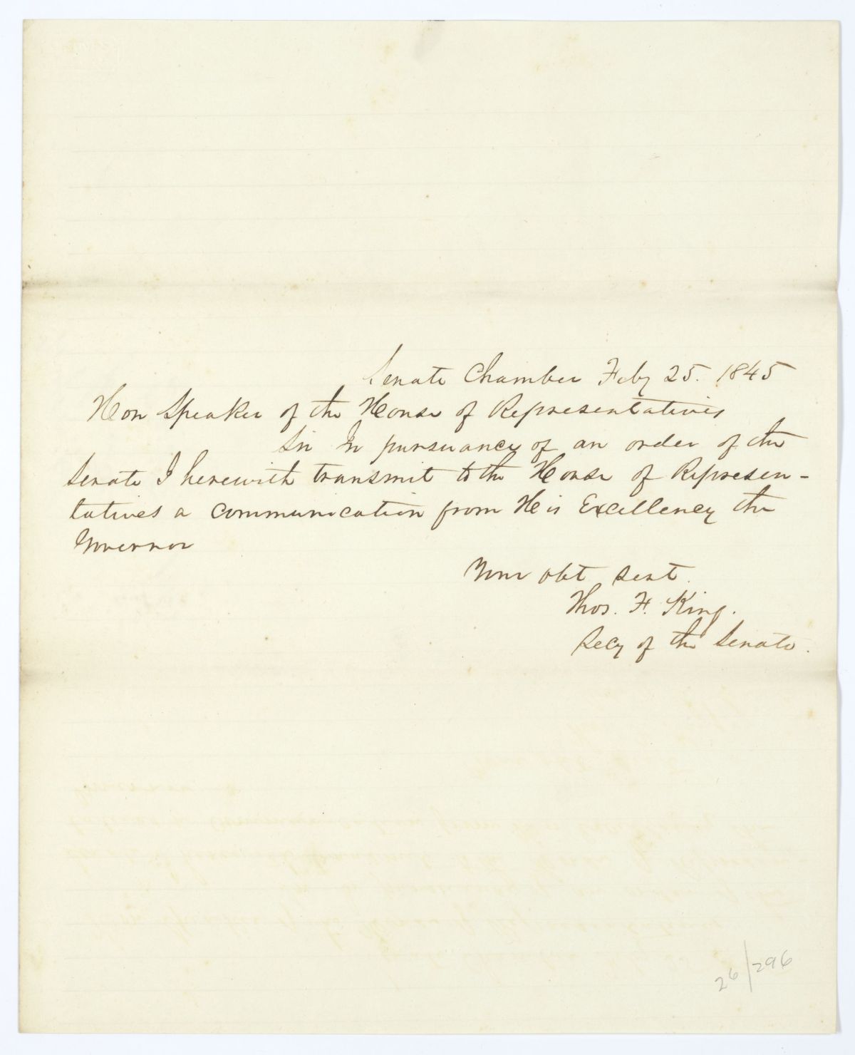 Letter from Thomas F. King to the Speaker of the House of Representatives Regarding a Communication from the Governor, 1845