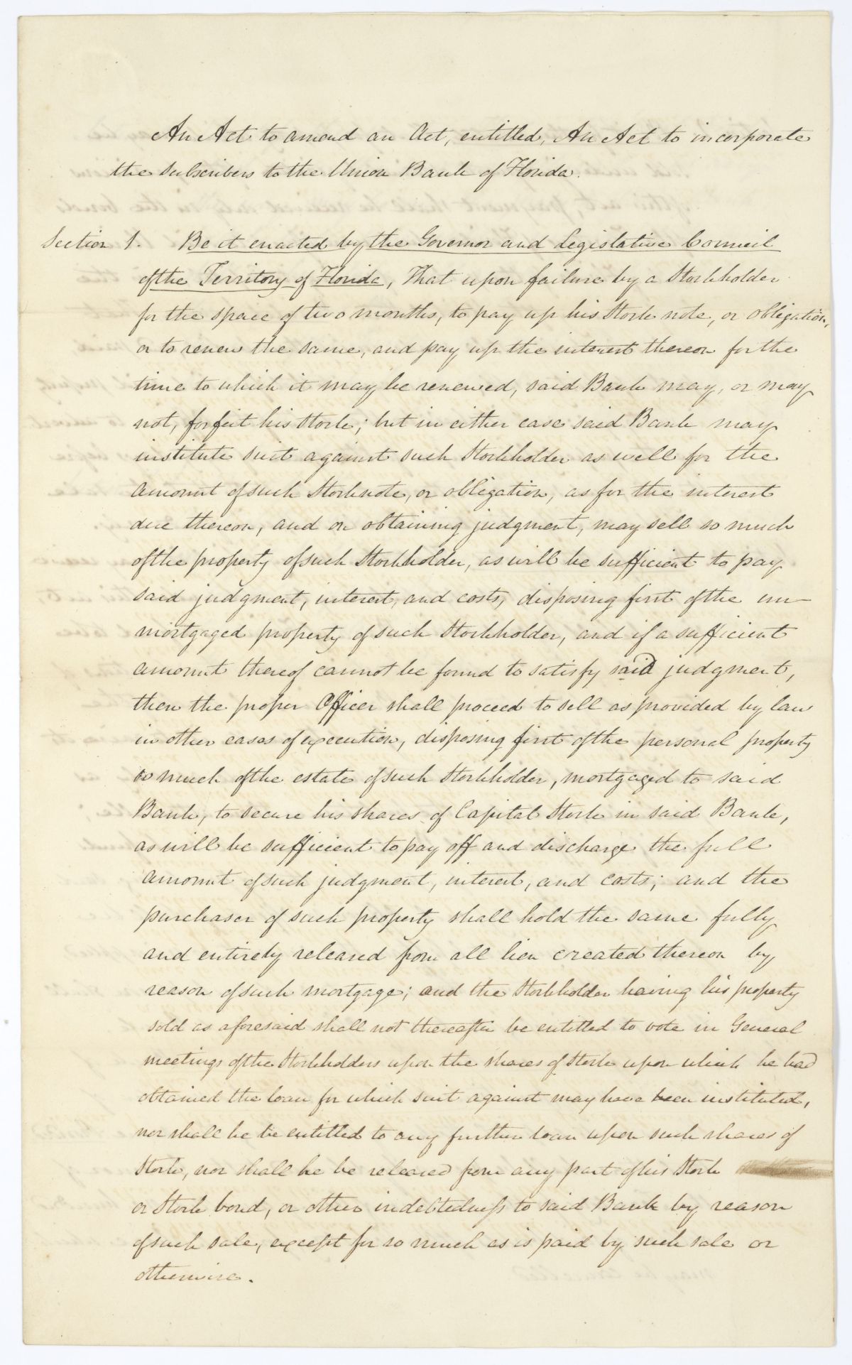 Draft of an Act to Amend an Act to Incorporate the Subscribers to the Union Bank of Florida, circa 1845