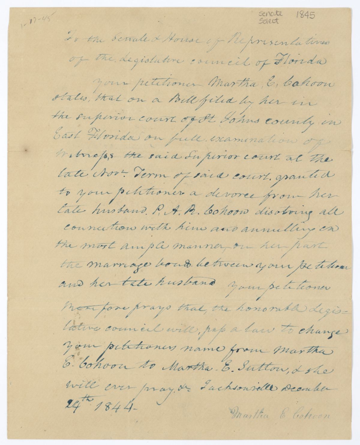 Petition of Martha E. Cahoon Requesting to Have Her Name Changed, 1844