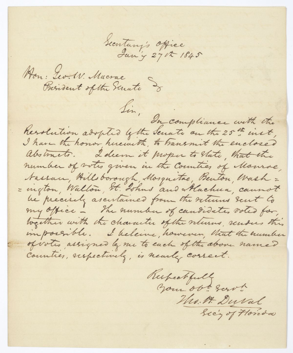 Letter from Thomas H. Duval to G. W. Macrae Concerning Election Returns, 1845