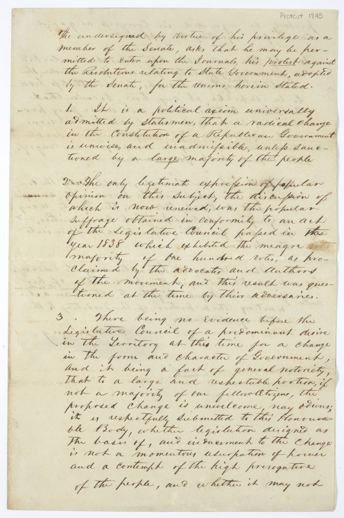 Protest of Nicholas A. Long Against Resolutions Relating to State Government, circa 1845