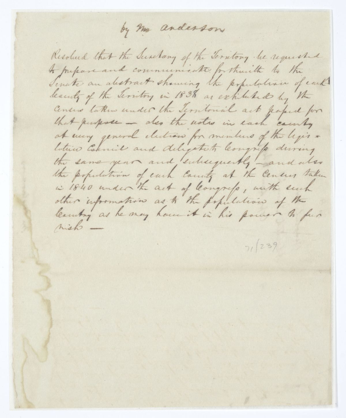 Resolution Requesting that the Secretary of the Territory Prepare an Abstract Showing Population and Voting Data, circa 1845