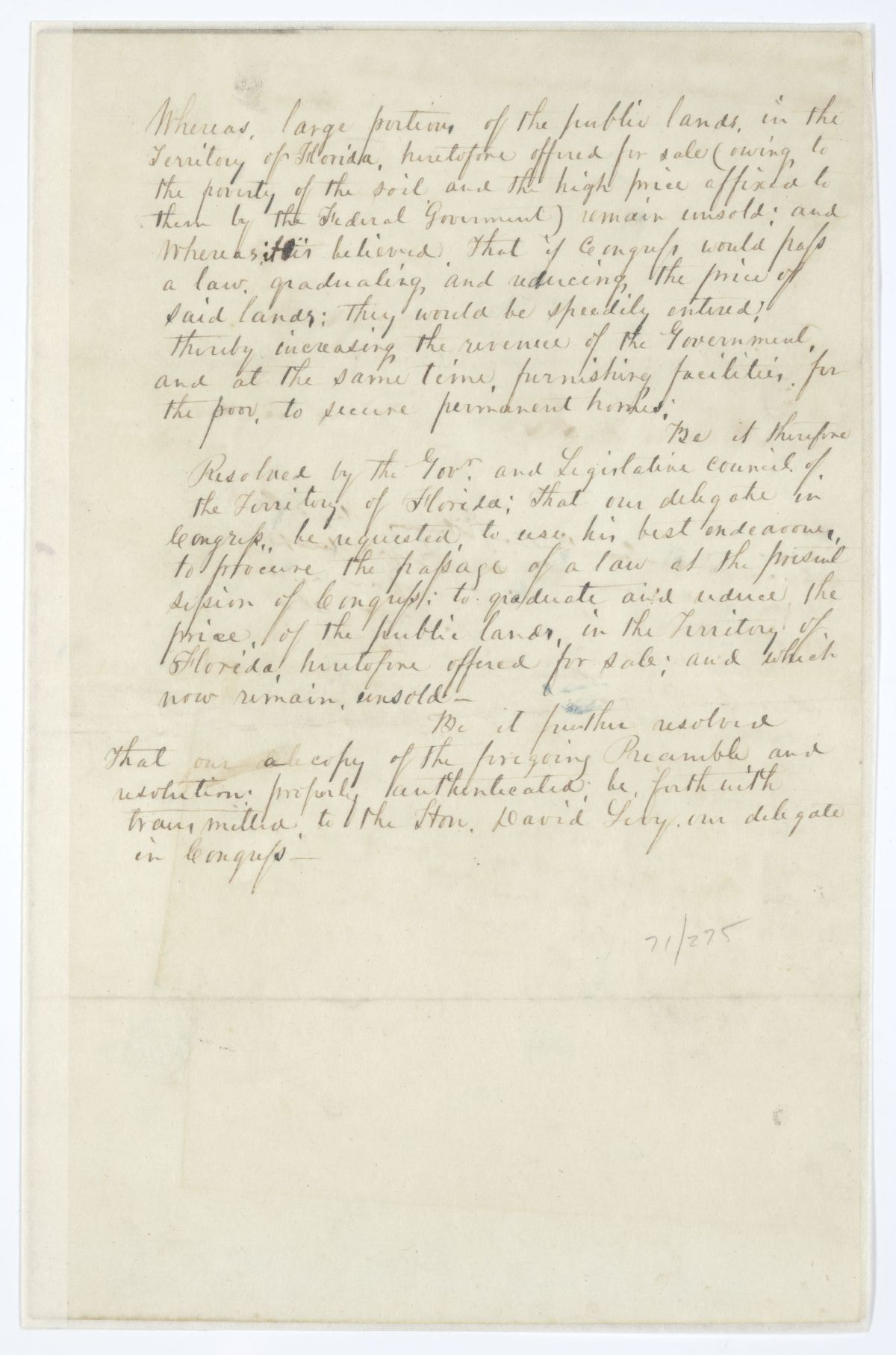 Resolution Directing the Florida Delegate in Congress to Procure the Passage of a Law Reducing the Price of Public Land, 1845